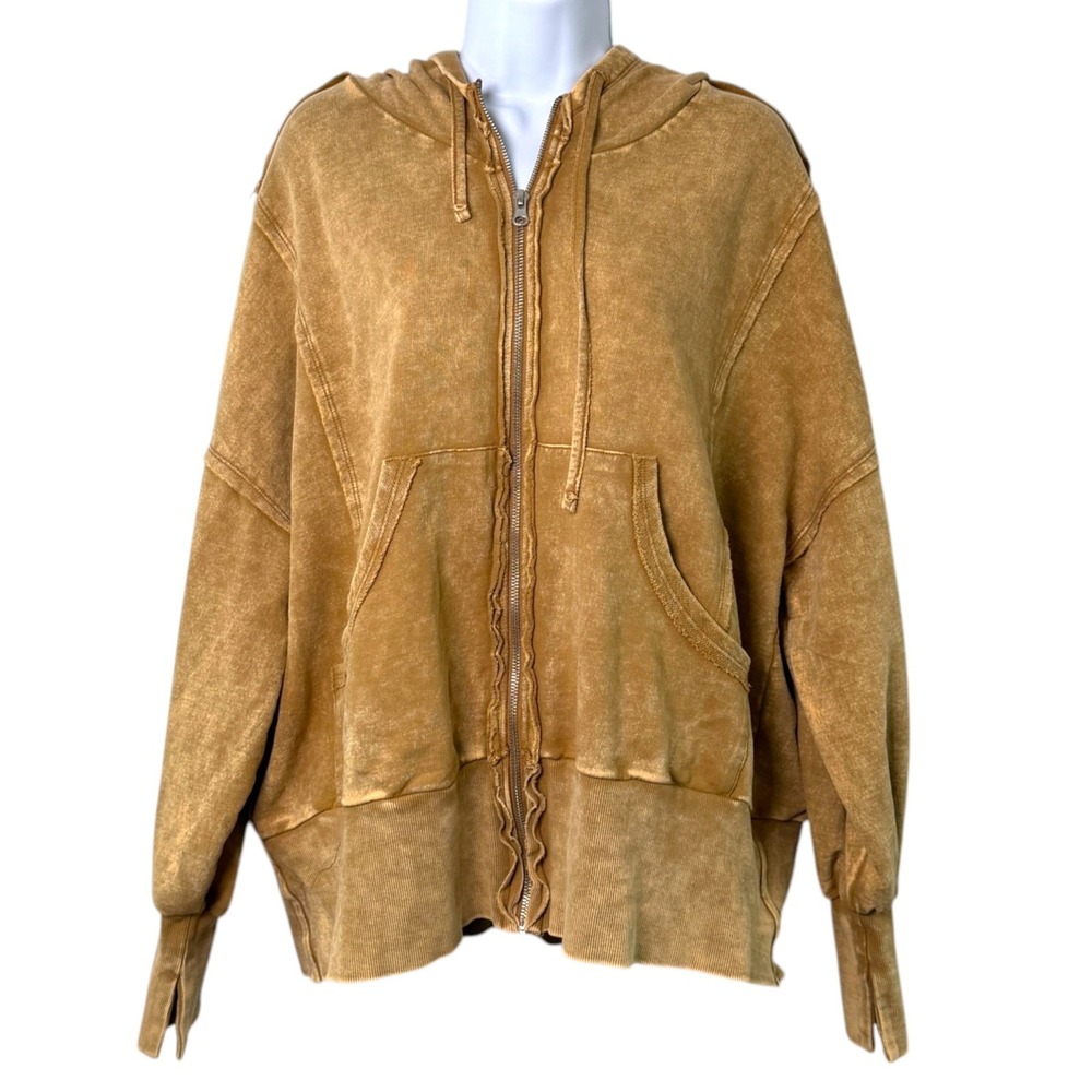 Zenana Womens Mineral Wash Oversized Hoodie L XL Brown Zip Up Boho Slouchy - Picture 2 of 9